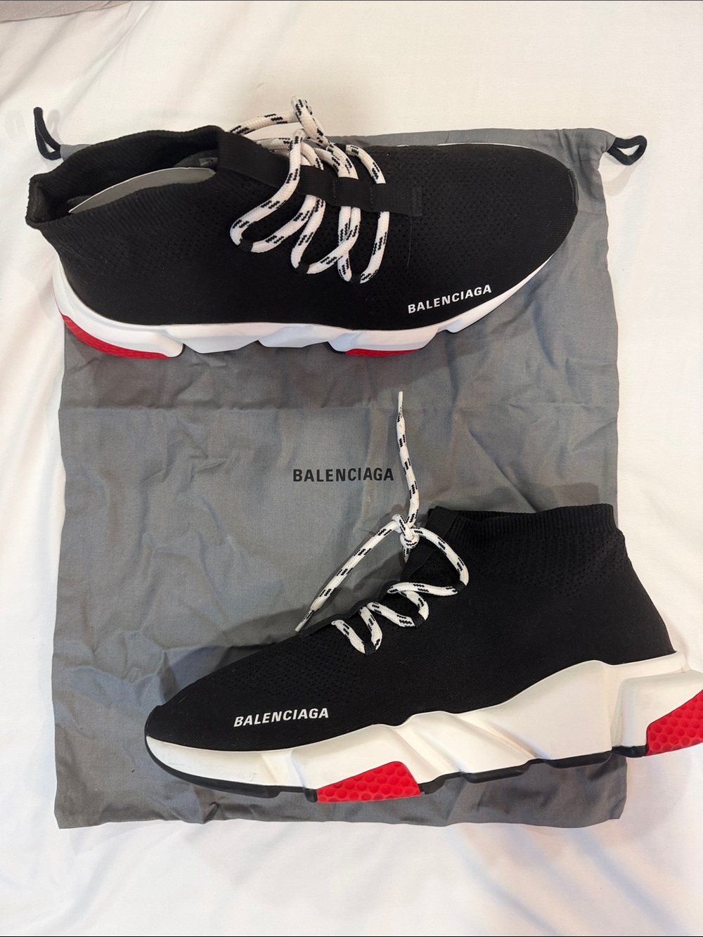 Balenciaga Black Knit Sock Sneakers with Red Sole Accents